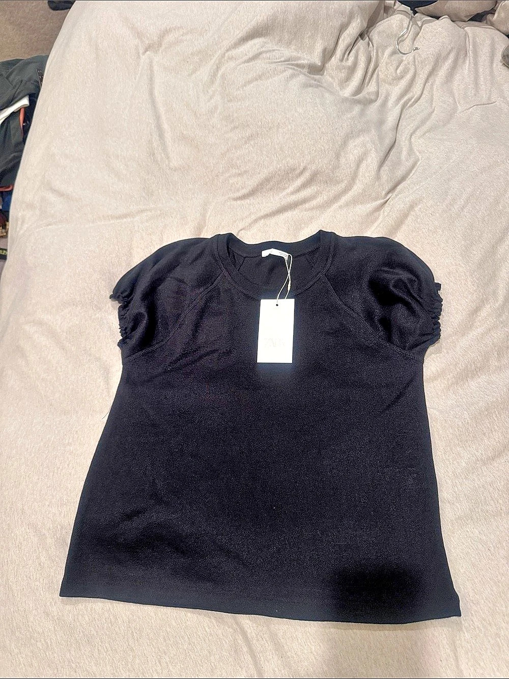 ZARA Rustic Ruched T-Shirt Women's Black Short Sleeve Top Size Large NWT